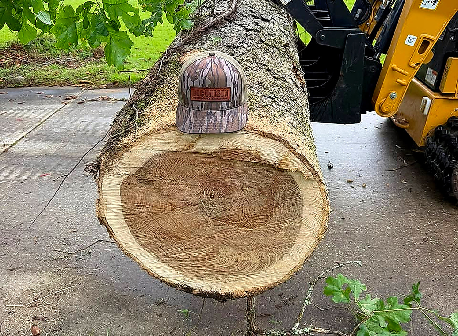 A freshly cut log section on a driveway with a cap laid on the cut face to show the size