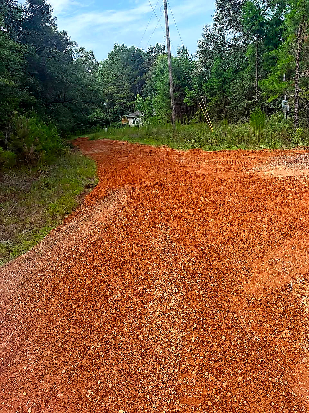 A fresh red-dirt and gravel drive running up through the trees