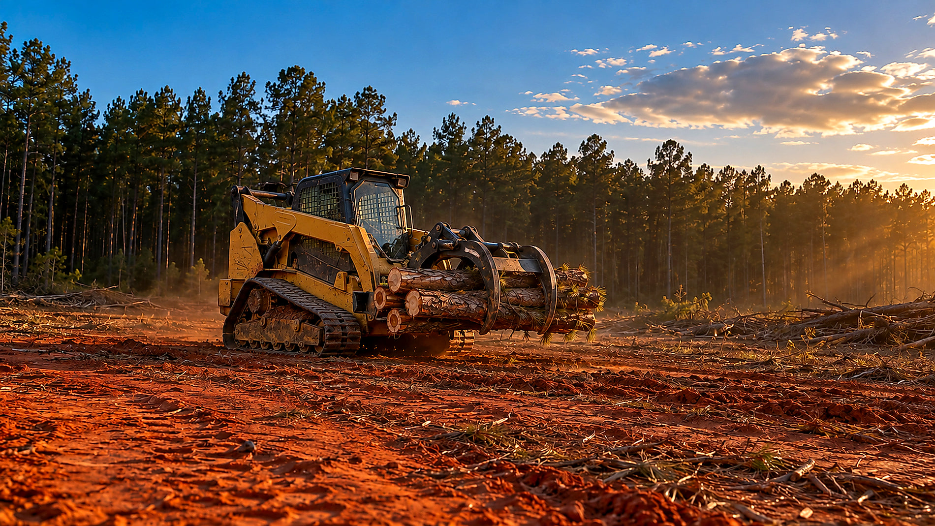 Doc Wilson's track loader standing against a gold sundown over the pine treeline